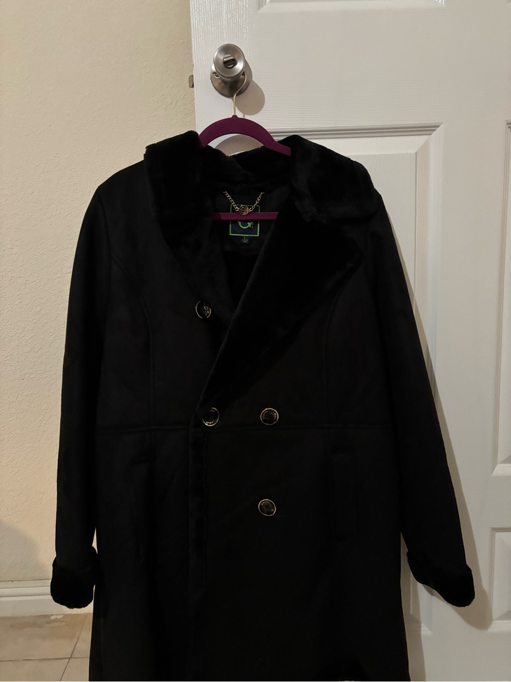 C. Wonder Black Double-Breasted Pea Coat with Faux Fur Collar